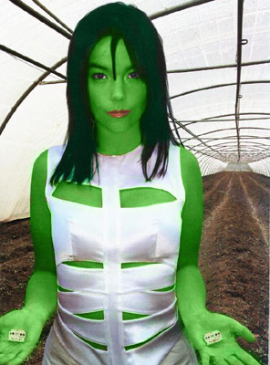 Bjork transformed into an Orion Slave Girl (green skinned women of Star Trek)