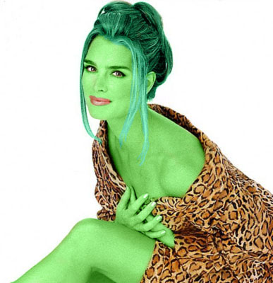 brooke shields transformed into an Orion Slave Girl (green skinned women of Star Trek)