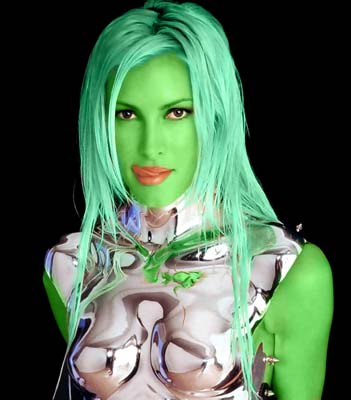 Caprice Bourett transformed into an Orion Slave Girl (green skinned women of Star Trek)