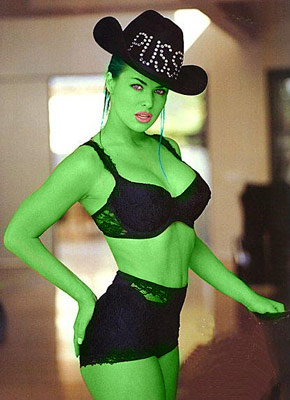 carmen electra.transformed into an Orion Slave Girl (green skinned women of Star Trek)