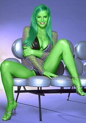 Cindy Margolis transformed into an Orion Slave Girl (green skinned women of Star Trek)
