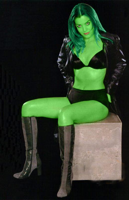 claudia christian transformed into an Orion Slave Girl (green skinned women of Star Trek)