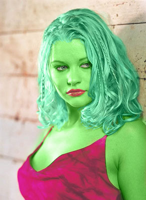 emile deravin  transformed into an Orion Slave Girl (green skinned women of Star Trek)