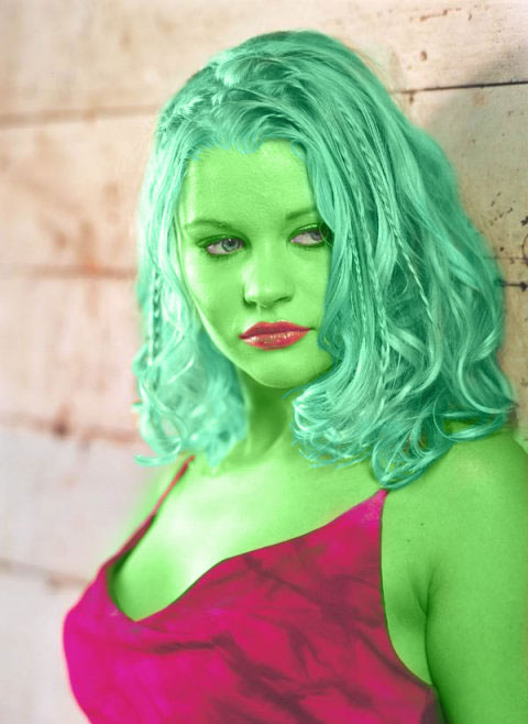 emile deravin  transformed into an Orion Slave Girl (green skinned women of Star Trek)