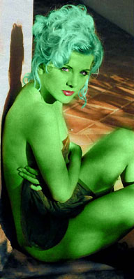 Eva Haberman transformed into an Orion Slave Girl (green skinned women of Star Trek)