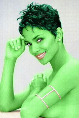 Halle Berry  transformed into an Orion Slave Girl (green skinned women of Star Trek)