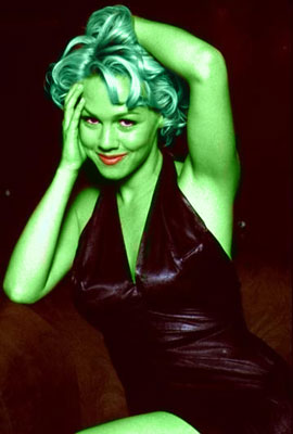 Jennie Garth transformed into an Orion Slave Girl (green skinned women of Star Trek)