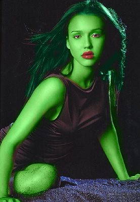Jessica Alba transformed into an Orion Slave Girl (green skinned women of Star Trek)