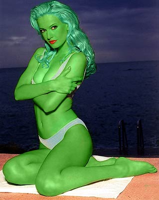 Karen Mulder transformed into an Orion Slave Girl (green skinned women of Star Trek)