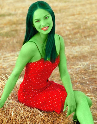   kristin kreuk transformed into an Orion Slave Girl (green skinned women of Star Trek)