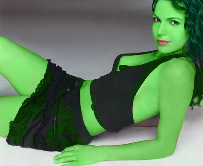   lana parilla transformed into an Orion Slave Girl (green skinned women of Star Trek)