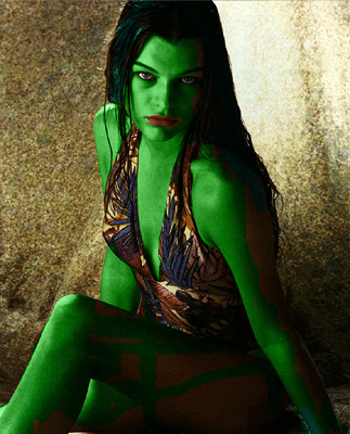 Milla Jojovich  transformed into an Orion Slave Girl (green skinned women of Star Trek)