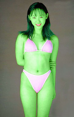 misao aikawa transformed into an Orion Slave Girl (green skinned women of Star Trek)
