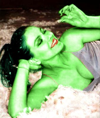 ornella muti transformed into an Orion Slave Girl (green skinned women of Star Trek)