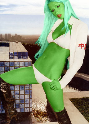    paris hilton transformed into an Orion Slave Girl (green skinned women of Star Trek)