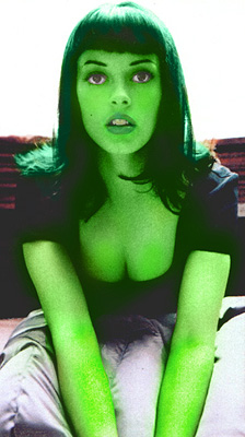 Rose McGowen transformed into an Orion Slave Girl (green skinned women of Star Trek