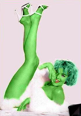 Sharon Stone transformed into an Orion Slave Girl (green skinned women of Star Trek)