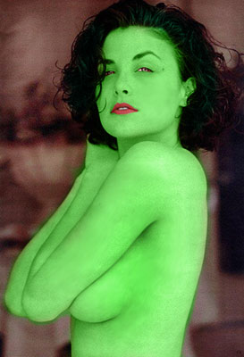 Sherilyn Fenn  transformed into an Orion Slave Girl (green skinned women of Star Trek)