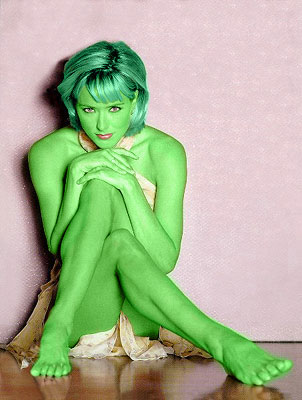 tea leoni transformed into an Orion Slave Girl (green skinned women of Star Trek)