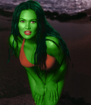tia carrere transformed into an Orion Slave Girl (green skinned women of Star Trek)