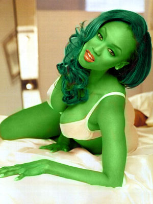 Tyra Banks transformed into an Orion Slave Girl (green skinned women of Star Trek)